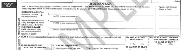 Snippet of death certificate related to cause of death